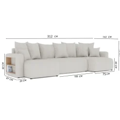 Divano letto panoramico 312x142cm velluto a coste con libreria a sinistra blu Mistery