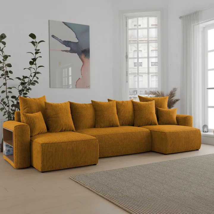Divano letto panoramico 312x142cm velluto a coste con libreria a sinistra giallo senape Mistery