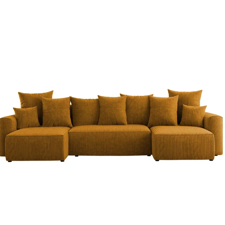 Divano letto panoramico 312x142cm velluto a coste con libreria a sinistra giallo senape Mistery