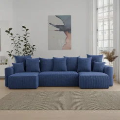 Divano letto panoramico 312x142cm velluto a coste con libreria a destra blu Mistery