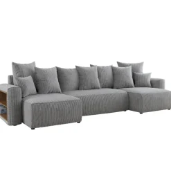 Divano letto panoramico 312x142cm velluto a coste con libreria a sinistra grigio chiaro Mistery