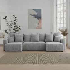 Divano letto panoramico 312x142cm velluto a coste con libreria a sinistra grigio chiaro Mistery