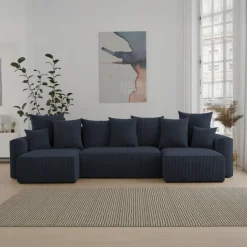 Divano letto panoramico 312x142cm velluto a coste con libreria a destra nero Mistery