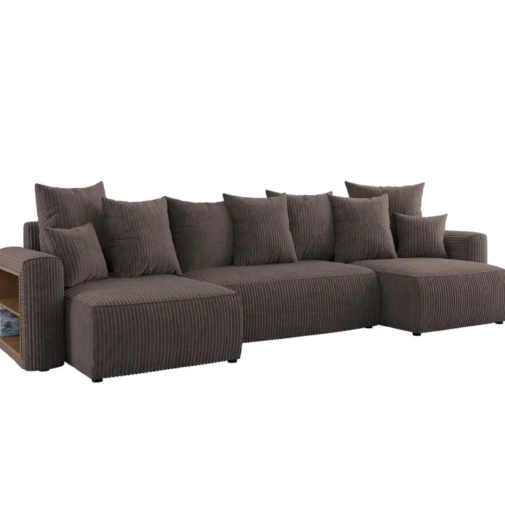Divano letto panoramico 312x142cm velluto a coste con libreria a sinistra marrone Mistery