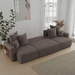 Divano letto panoramico 312x142cm velluto a coste con libreria a sinistra marrone Mistery