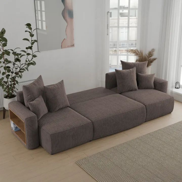 Divano letto panoramico 312x142cm velluto a coste con libreria a sinistra marrone Mistery