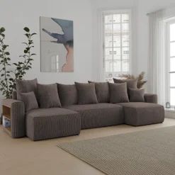 Divano letto panoramico 312x142cm velluto a coste con libreria a sinistra marrone Mistery