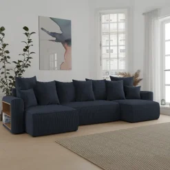 Divano letto panoramico 312x142cm velluto a coste con libreria a sinistra nero Mistery