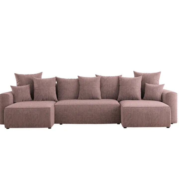 Divano letto panoramico 312x142cm velluto a coste con libreria a sinistra rosa antico Mistery