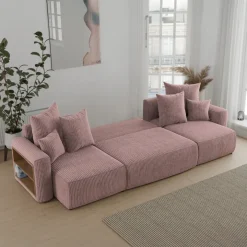 Divano letto panoramico 312x142cm velluto a coste con libreria a sinistra rosa antico Mistery