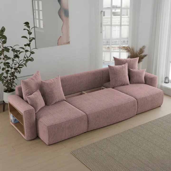 Divano letto panoramico 312x142cm velluto a coste con libreria a sinistra rosa antico Mistery