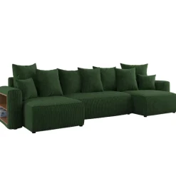 Divano letto panoramico 312x142cm velluto a coste con libreria a sinistra verde scuro Mistery