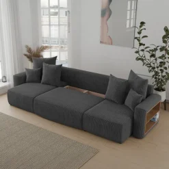 Divano letto panoramico 312x142cm velluto a coste con libreria a destra antracite Mistery