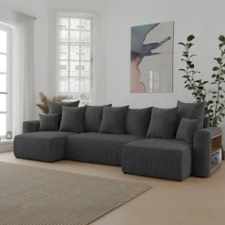 Divano letto panoramico 312x142cm velluto a coste con libreria a destra antracite Mistery