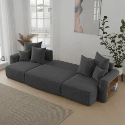 Divano letto panoramico 312x142cm velluto a coste con libreria a destra antracite Mistery