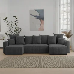 Divano letto panoramico 312x142cm velluto a coste con libreria a destra antracite Mistery