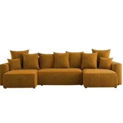 Divano letto panoramico 312x142cm velluto a coste con libreria a destra giallo senape Mistery