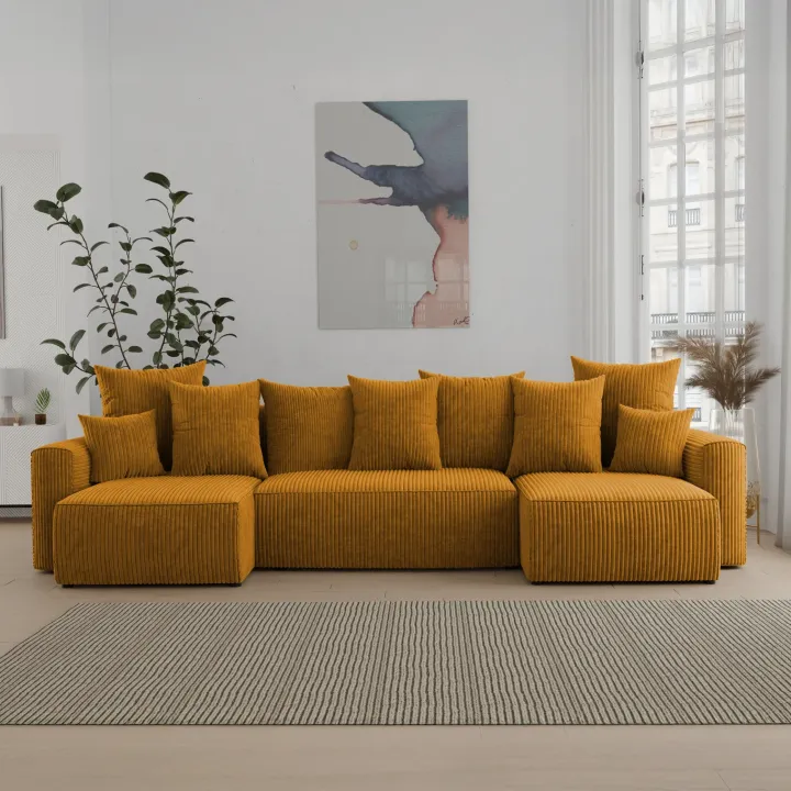 Divano letto panoramico 312x142cm velluto a coste con libreria a destra giallo senape Mistery