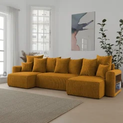 Divano letto panoramico 312x142cm velluto a coste con libreria a destra giallo senape Mistery