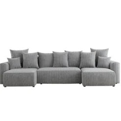 Divano letto panoramico 312x142cm velluto a coste con libreria a destra grigio chiaro Mistery