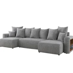 Divano letto panoramico 312x142cm velluto a coste con libreria a destra grigio chiaro Mistery