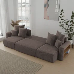 Divano letto panoramico 312x142cm velluto a coste con libreria a destra marrone Mistery