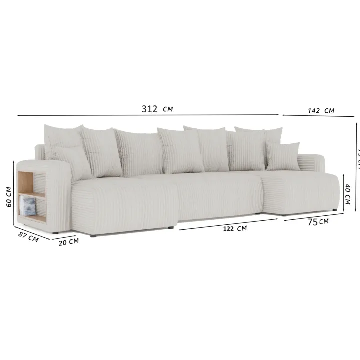 Divano letto panoramico 312x142cm velluto a coste con libreria a destra marrone Mistery