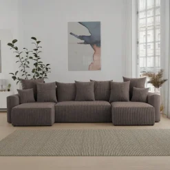 Divano letto panoramico 312x142cm velluto a coste con libreria a destra marrone Mistery