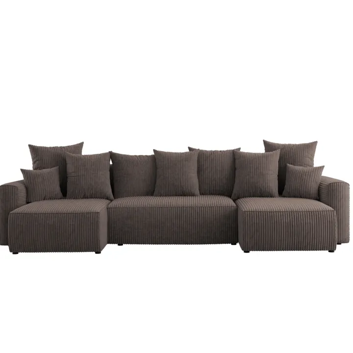 Divano letto panoramico 312x142cm velluto a coste con libreria a destra marrone Mistery
