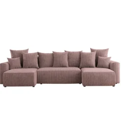 Divano letto panoramico 312x142cm velluto a coste con libreria a destra rosa antico Mistery