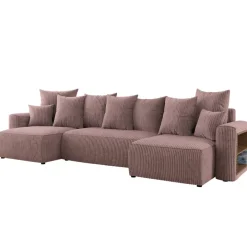 Divano letto panoramico 312x142cm velluto a coste con libreria a destra rosa antico Mistery