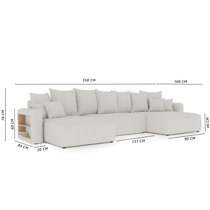 Divano letto panoramico 350x160cm velluto a coste con libreria a sinistra antracite Mistery