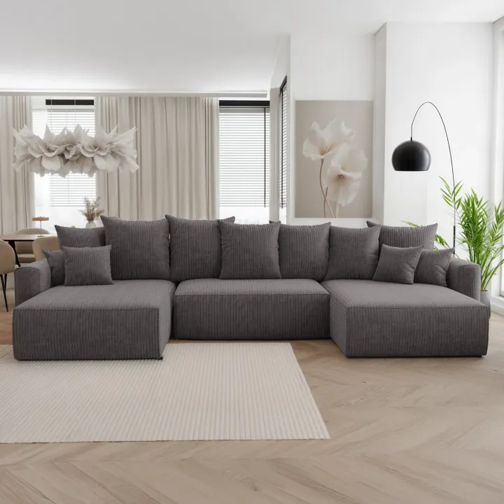 Divano letto panoramico 350x160cm velluto a coste con libreria a sinistra antracite Mistery