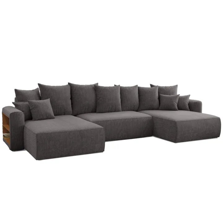 Divano letto panoramico 350x160cm velluto a coste con libreria a sinistra antracite Mistery