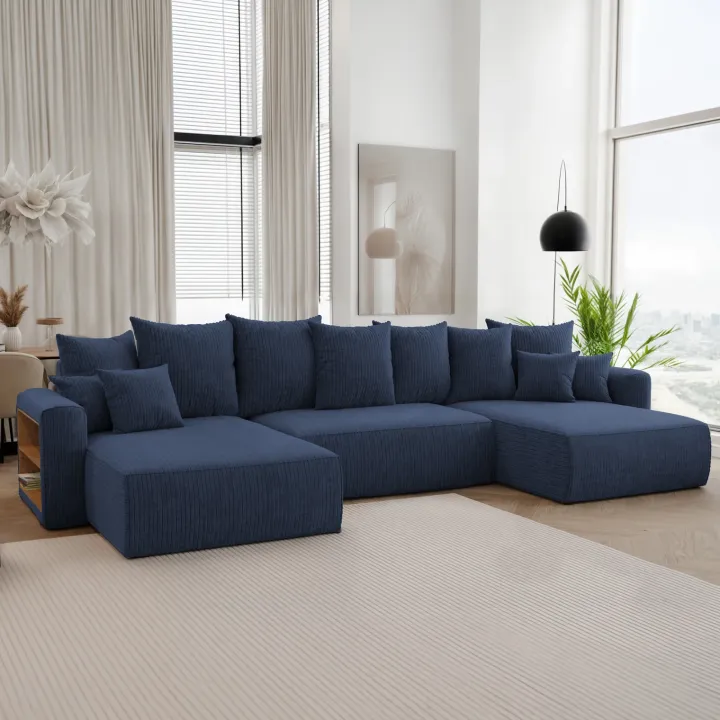 Divano letto panoramico 350x160cm velluto a coste con libreria a sinistra blu Mistery