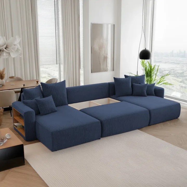 Divano letto panoramico 350x160cm velluto a coste con libreria a sinistra blu Mistery