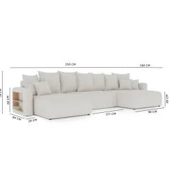 Divano letto panoramico 350x160cm velluto a coste con libreria a sinistra giallo senape Mistery
