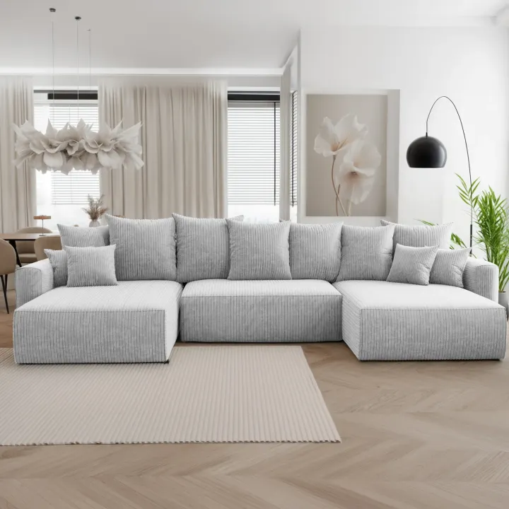 Divano letto panoramico 350x160cm velluto a coste con libreria a sinistra grigio chiaro Mistery
