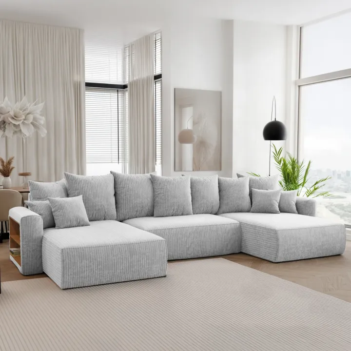 Divano letto panoramico 350x160cm velluto a coste con libreria a sinistra grigio chiaro Mistery