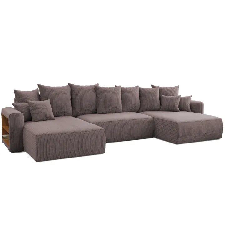 Divano letto panoramico 350x160cm velluto a coste con libreria a sinistra marrone Mistery