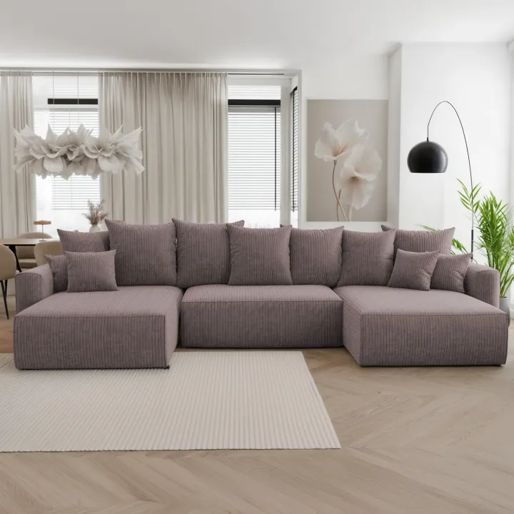 Divano letto panoramico 350x160cm velluto a coste con libreria a sinistra marrone Mistery