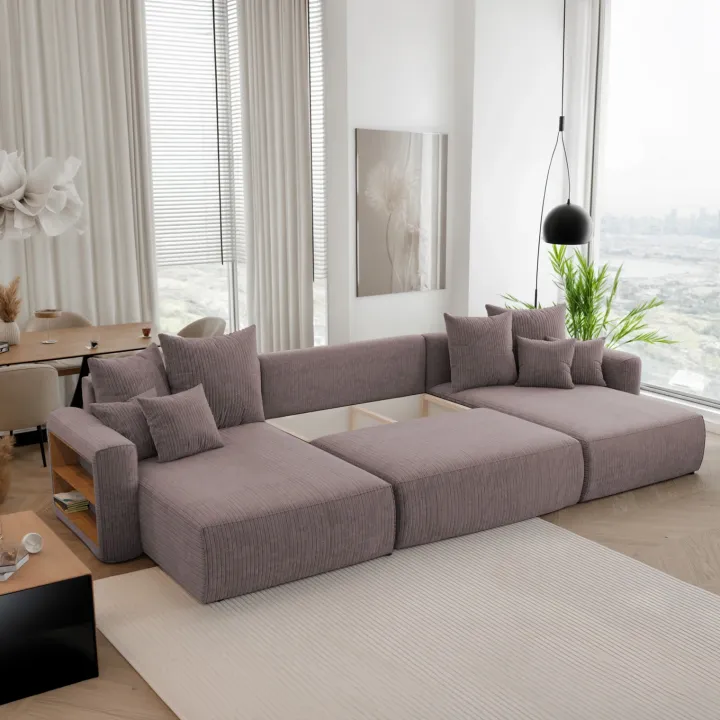 Divano letto panoramico 350x160cm velluto a coste con libreria a sinistra marrone Mistery