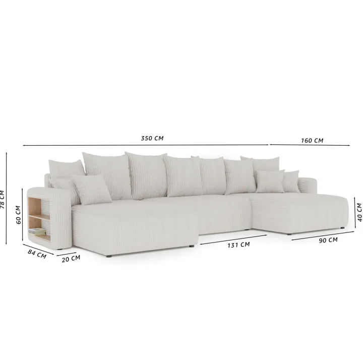 Divano letto panoramico 350x160cm velluto a coste con libreria a sinistra marrone Mistery