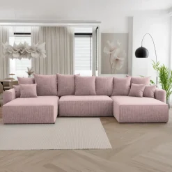 Divano letto panoramico 350x160cm velluto a coste con libreria a sinistra rosa antico Mistery