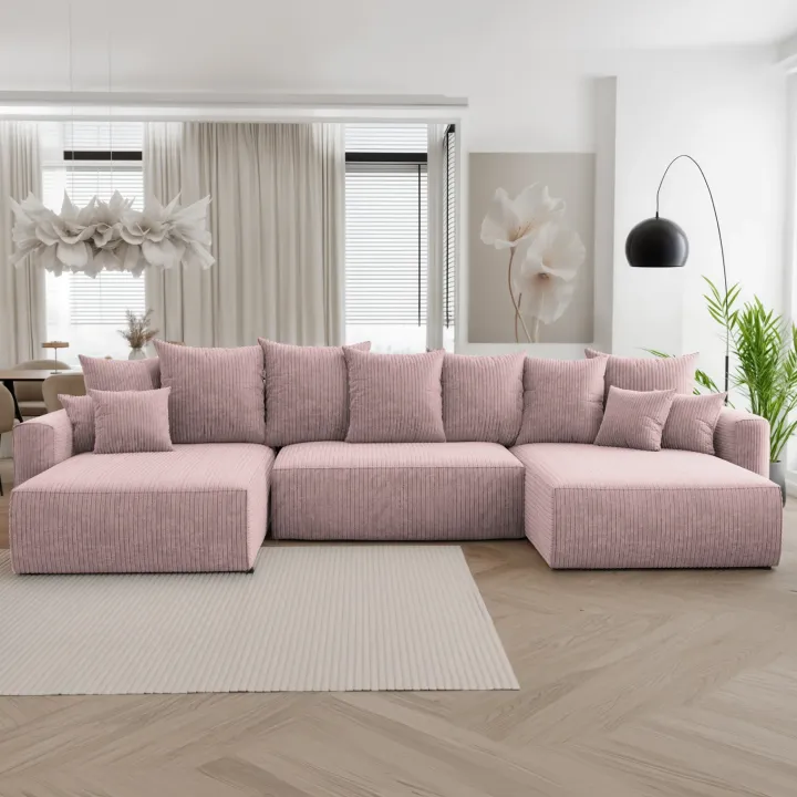 Divano letto panoramico 350x160cm velluto a coste con libreria a sinistra rosa antico Mistery