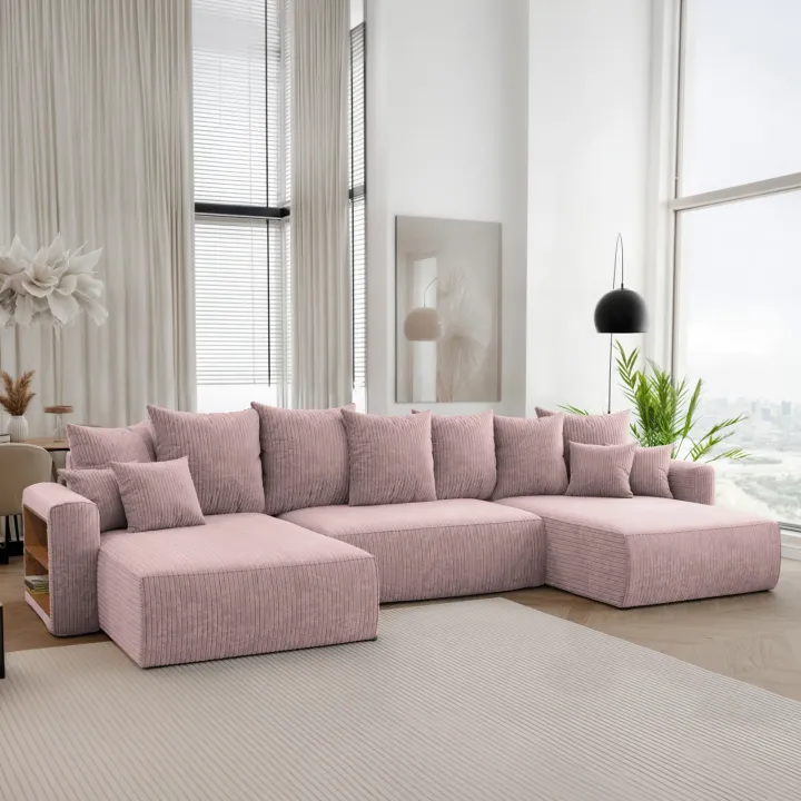 Divano letto panoramico 350x160cm velluto a coste con libreria a sinistra rosa antico Mistery