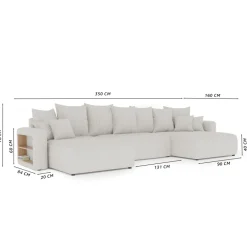 Divano letto panoramico 350x160cm velluto a coste con libreria a sinistra rosa antico Mistery