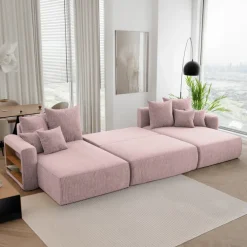 Divano letto panoramico 350x160cm velluto a coste con libreria a sinistra rosa antico Mistery