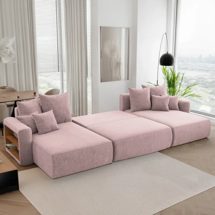 Divano letto panoramico 350x160cm velluto a coste con libreria a sinistra rosa antico Mistery