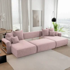 Divano letto panoramico 350x160cm velluto a coste con libreria a sinistra rosa antico Mistery